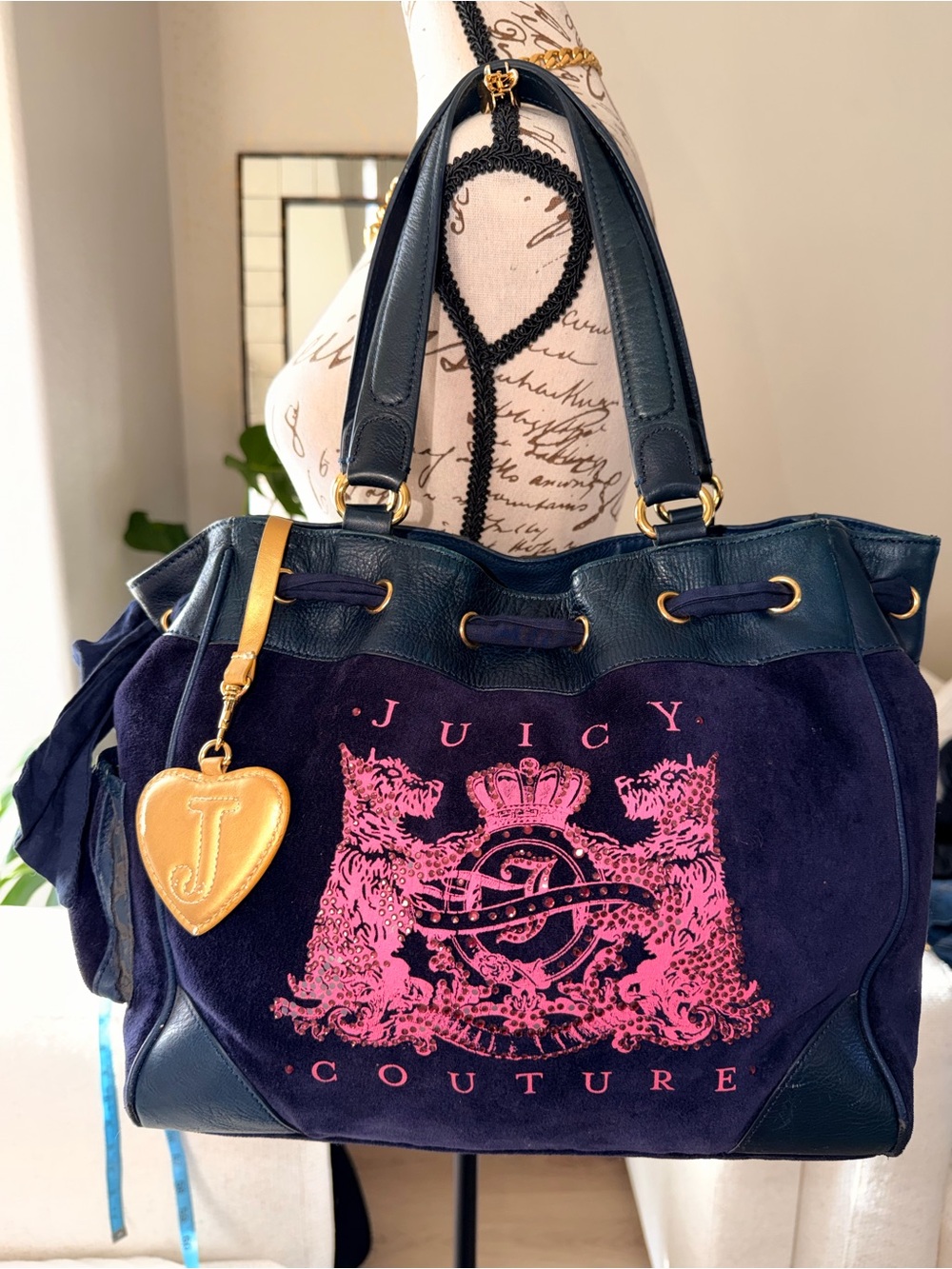 Juicy Couture Rare Navy Tote with Pink Crest and Gold Heart Charm